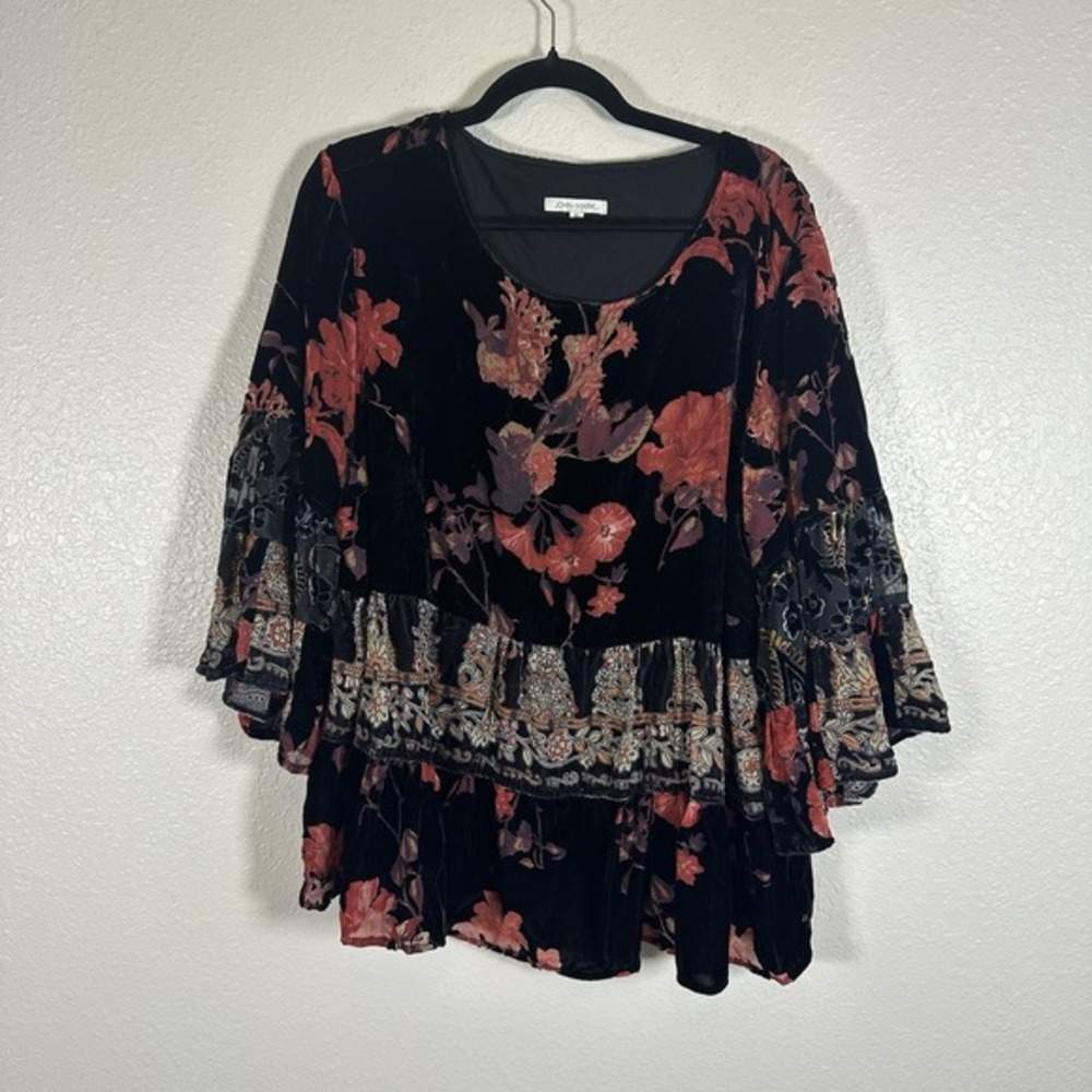 John Mark Floral Paisley Print Velvet Scoop Neck 3/4 Bell Sleeve Blouse XL Artsy